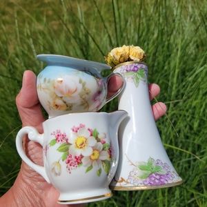 3 Vintage Floral Items ~ Nippon Hat Pin Vase ~ Creamers ~ Cottage ~ Shabby Chic